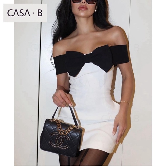NEW! to CASA B| Isabella off the shoulder strapless A line bow luxe mini dress - Picture 1 of 10